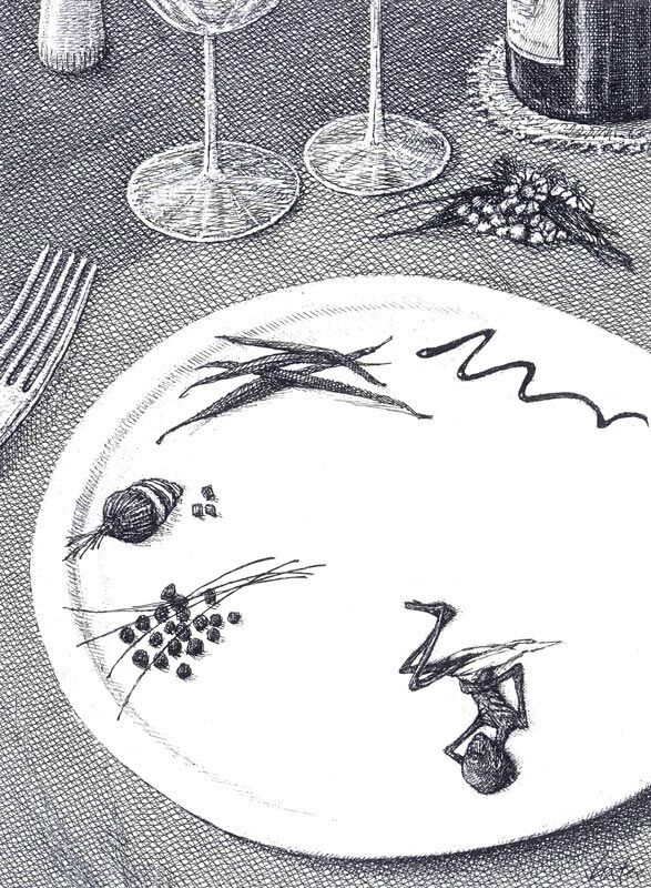 « Haute cuisine » (2011) (c)Martial Leiter, Le formidable dessinateur et peintre Neuchâtelois Martial Leiter (1952) est à l'honneur de l'espace d'exposition du magasin dévolu à la bande dessinée du bâtiment de l'Île Papiers Gras. Particularité de cette exposition qui prend des airs de rétrospective, aucune des œuvres présentées n'est datée, ce qui révèle d'autant plus la pertinence et l'acuité de l'artiste. Ses dessins aux hachures noires caractéristiques, dont la portée de manifeste se dévoile avec clarté, s'extirpent ainsi d'un conditionnement à un temps précis, dénonçant les aberrations du néo-libéralisme ou les atteintes à l'environnement qui elles-mêmes se situent dans une certaine intemporalité. La plume fine et corrosive de celui qui a dessiné pour de grands titres de presse suisses